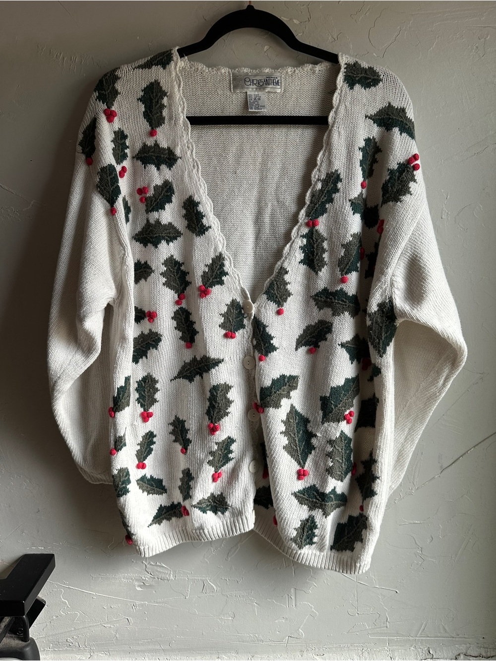 Chrysanthemum Holly Berry Christmas Cardigan Ramie Cotton Holiday XL L Novelty
